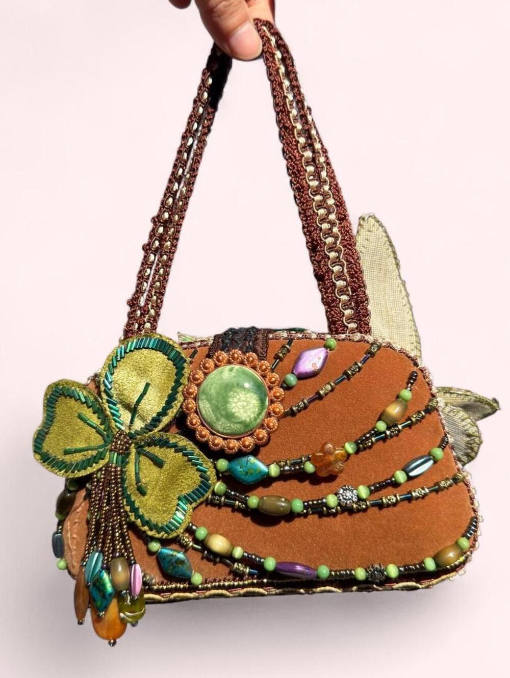 Fairy beaded mini handbag with a green butterfly appliqué and beading throughout